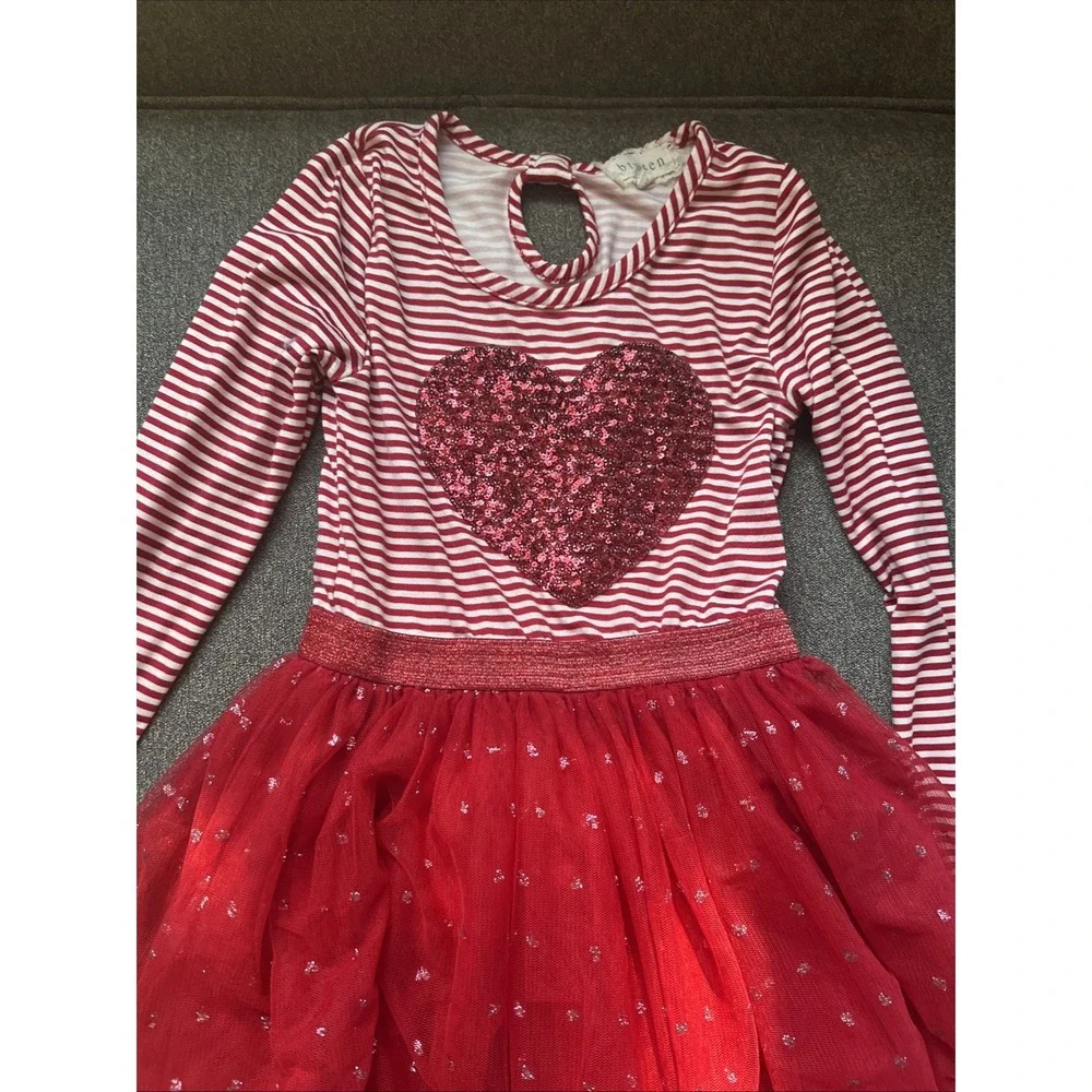 btween Heart Tutu Dress Girls Size 6 Red White Striped Long Sleeve Glitter